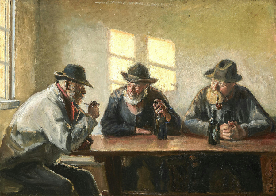 Tre fiskere i butikken ved Bründum. (1916). - Michael Peter Ancher