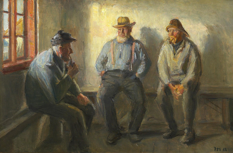 Tre fiskere i butikken ved Bründum. - Michael Peter Ancher