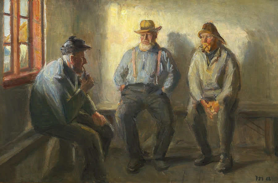 Tre fiskere i butikken ved Bründum. - Michael Peter Ancher