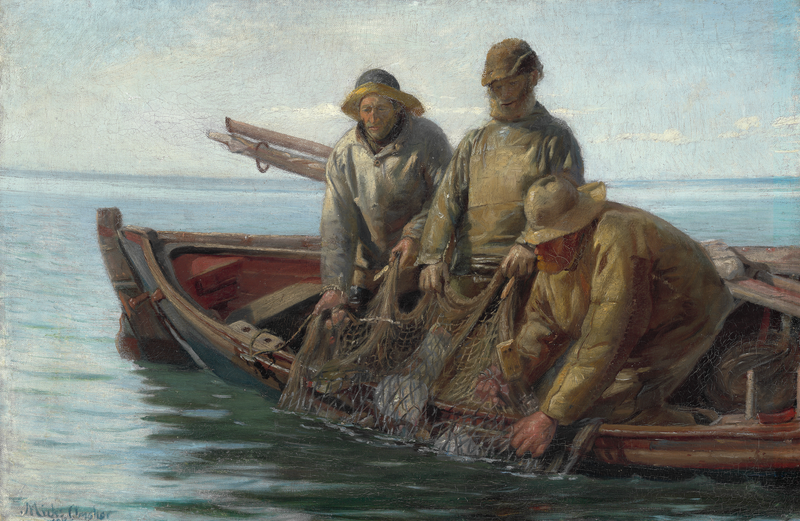Tre fiskere fra Skagen trækker deres net ind. - Michael Peter Ancher