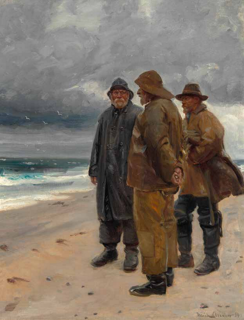 Tre fiskere på Skagen strand på en overskyet dag. - Michael Peter Ancher