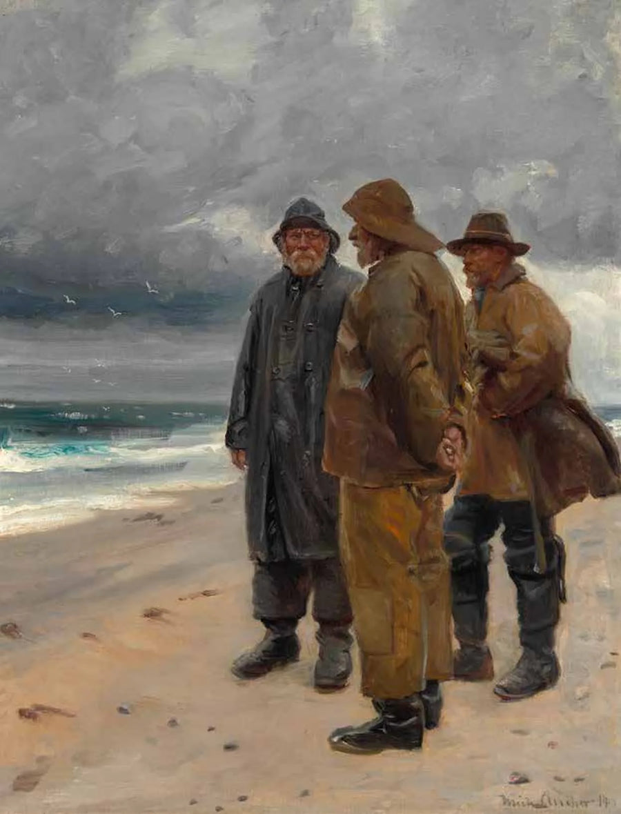 Tre fiskere på Skagen strand på en overskyet dag. - Michael Peter Ancher
