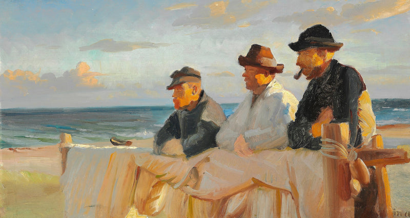 Tre fiskere på Skagen strand under den nedgående sol. - Michael Peter Ancher