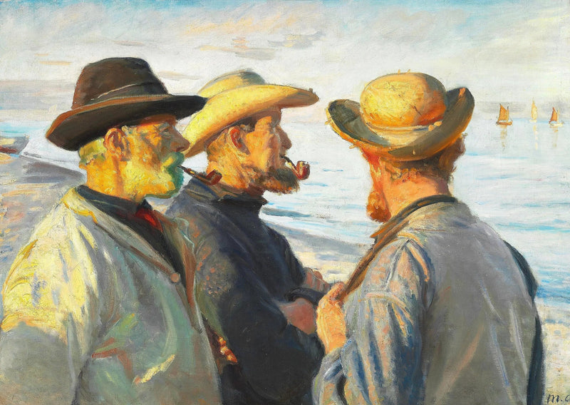 Tre fiskere på Skagen strand under den nedgående sol. - Michael Peter Ancher