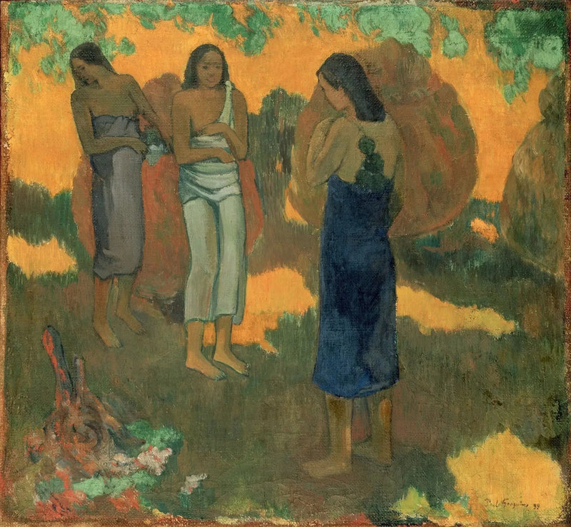 Tre Tahitianske kvinder på gul baggrund - Paul Gauguin