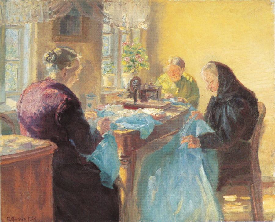 Tre gamle damer syr en blå kjole til et kostumebal. - Anna Ancher