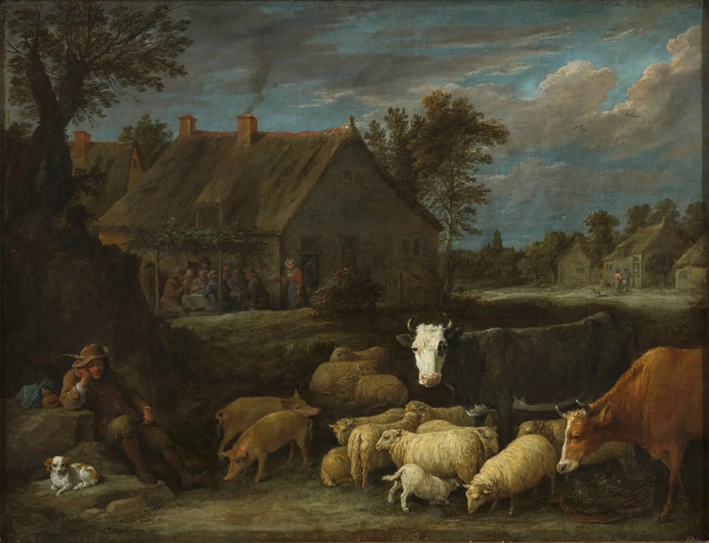 Troupeau i en landsby - David Teniers den Yngre
