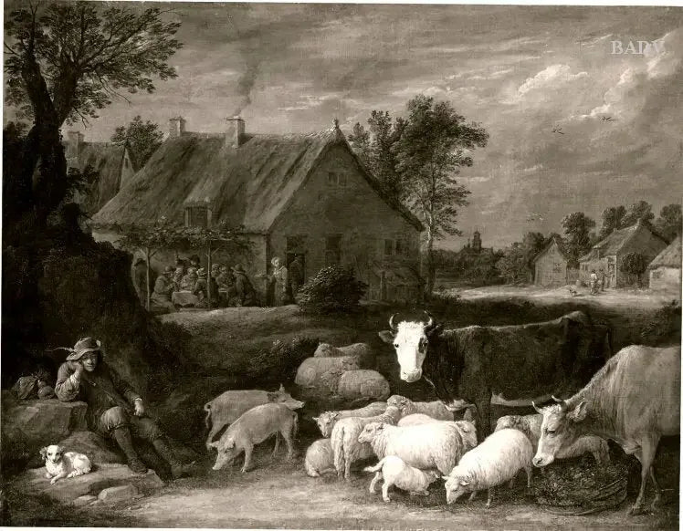 Troupeau i en landsby - David Teniers den Yngre