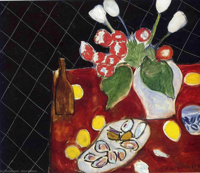 Tulipaner og østers på sort baggrund - Henri Matisse