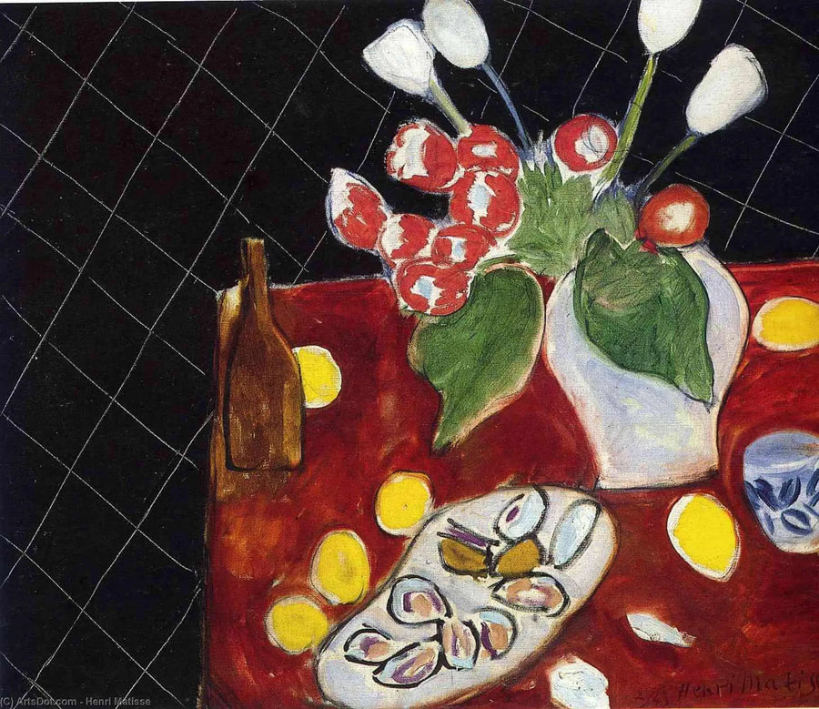 Tulipaner og østers på sort baggrund - Henri Matisse