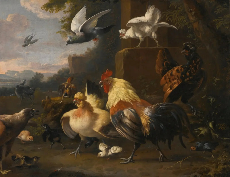 En ørn over for en ung hane, høns, duer i flugt og andre fugle - Melchior de Hondecoeter