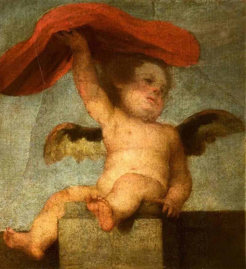 En engel-putto holder noget rødt: et fragment - Bartolomé Esteban Murillo