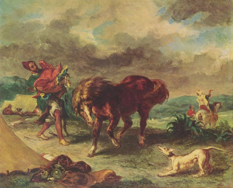 En arabisk mand sadler sin hest - Eugène Delacroix