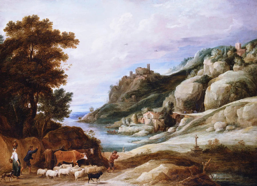 En hyrde med sin flok i et bjergrigt landskab - David Teniers den Yngre
