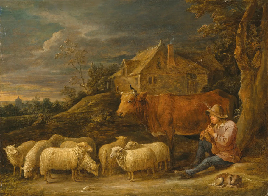 En hyrde, der spiller fløjte for sin flok - David Teniers den Yngre