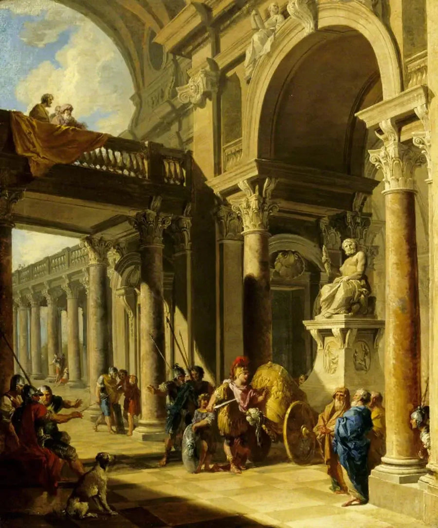 Et arkitektonisk Capriccio med Alexandre, der skærer Gordian-knuden - Giovanni Paolo Panini