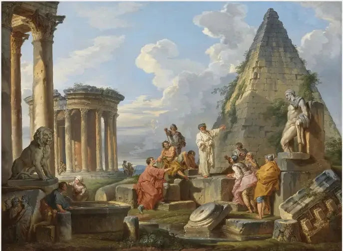 Et Capriccio med Saint Paul, der prædiker for romerne, med Vesta-templet og Caius Cestius' pyramide - Giovanni Paolo Panini