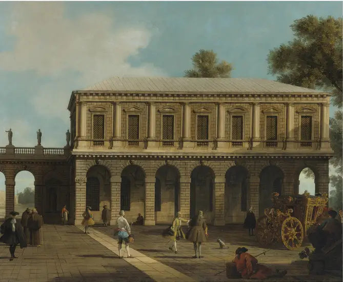 Et Capriccio af San Marco-fængslerne beliggende på en plads med en vogn og byens indbyggere - Canaletto