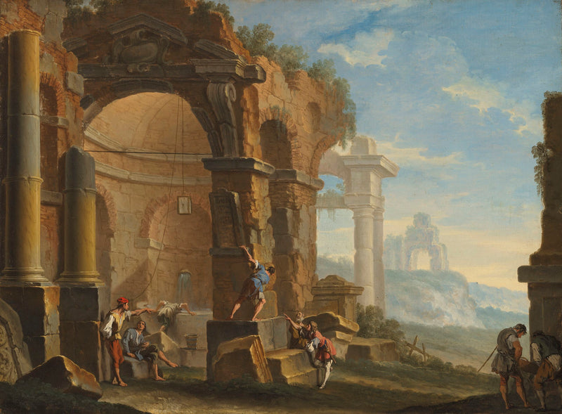 En skødesløshed med figurer, der taler ved siden af klassiske ruiner - Sebastiano Ricci