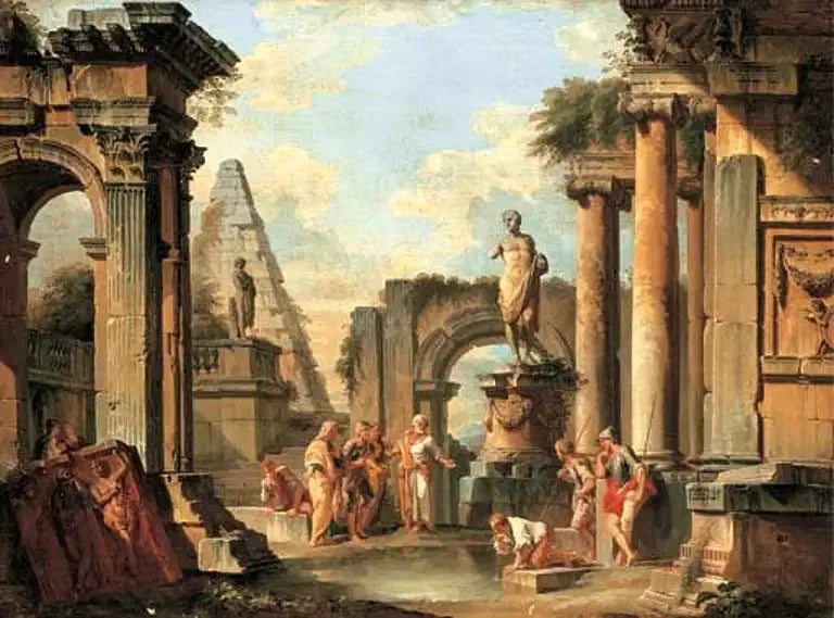 En klassisk ruiners skødesløshed med Diogenes, der kaster sin kop. - Giovanni Paolo Panini