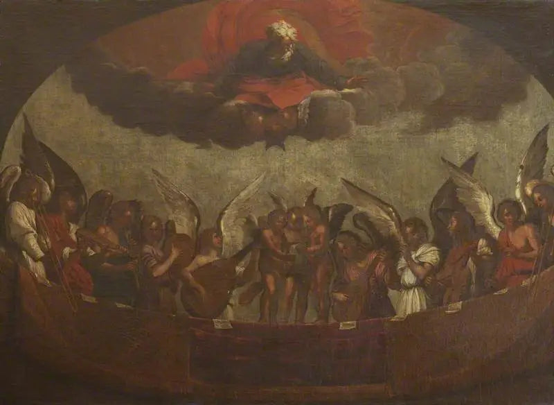 En kor af syngende og spillede musikinstrumenter med Gud Fader over - Guido Reni