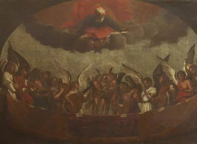 En kor af syngende og spillede musikinstrumenter med Gud Fader over - Guido Reni