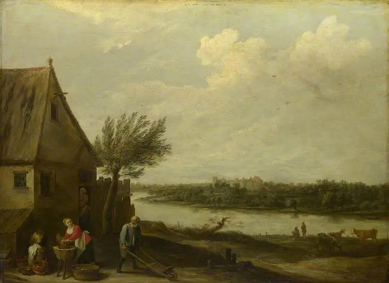 En hytte ved en flod med en fjernt udsigt over et slot - David Teniers le Jeune