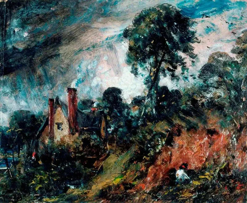 En hytte blandt træerne med en sandbanke - John Constable
