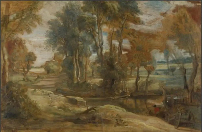 En vogn, der krydser en bæk ved en fordybning - Peter Paul Rubens