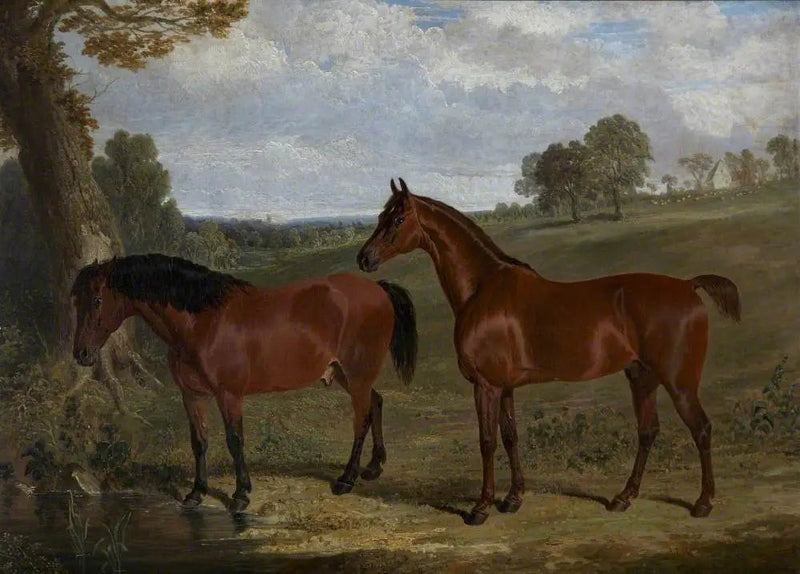En kastanjefarvet hest og en pony i et landskab - John Frederick Herring, Sr.