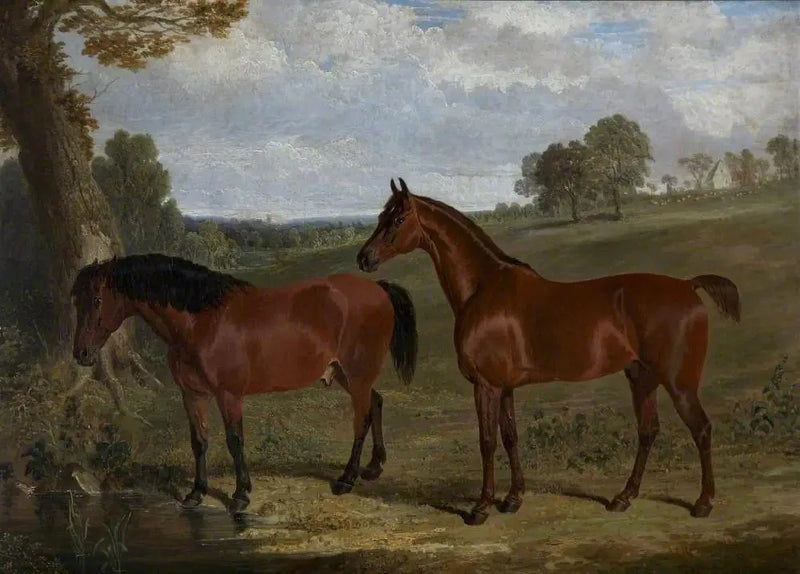En kastanjefarvet hest og en pony i et landskab - John Frederick Herring, Sr.