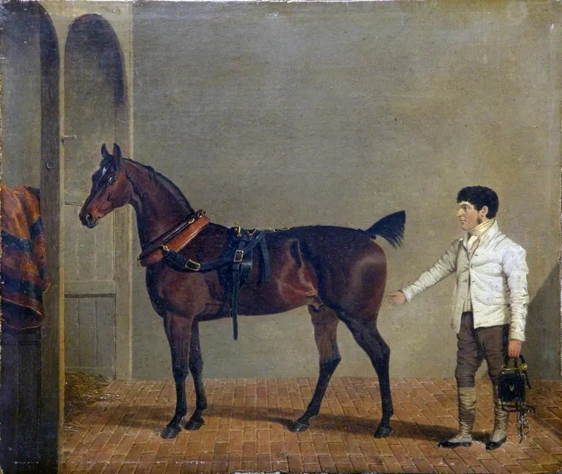En hestevogn trukket af heste, med en hestepasser, i en stald - John Frederick Herring, Sr.