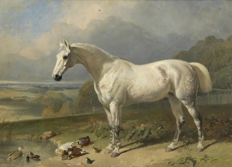 En grå hest og ande i et landskab - John Frederick Herring, Sr.