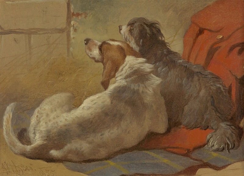 En jagthund og en barbet collie sidder på en jagtjakke - John Frederick Herring, Sr.