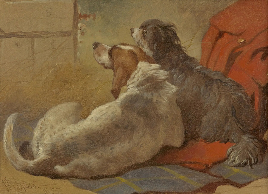 En jagthund og en barbet collie sidder på en jagtjakke - John Frederick Herring, Sr.