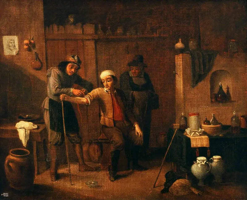 En kirurg, der knytter en tourniquet omkring en mands arm - David Teniers den Yngre