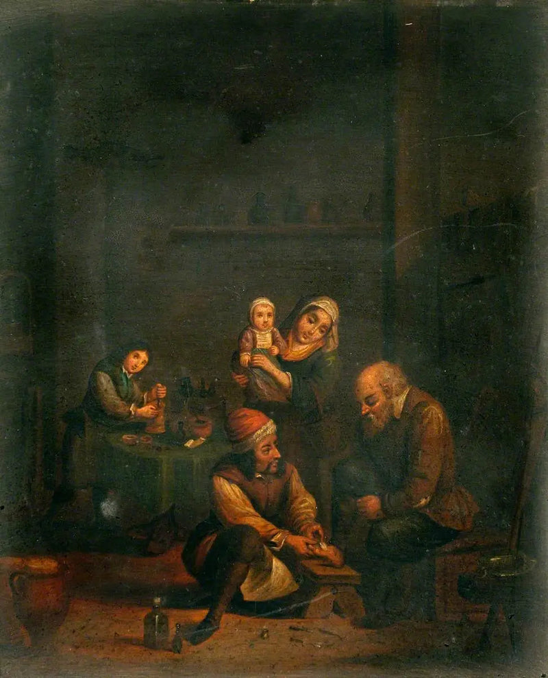 En kirurg, der plejer en mands fod, og tre andre personer - David Teniers den Yngre