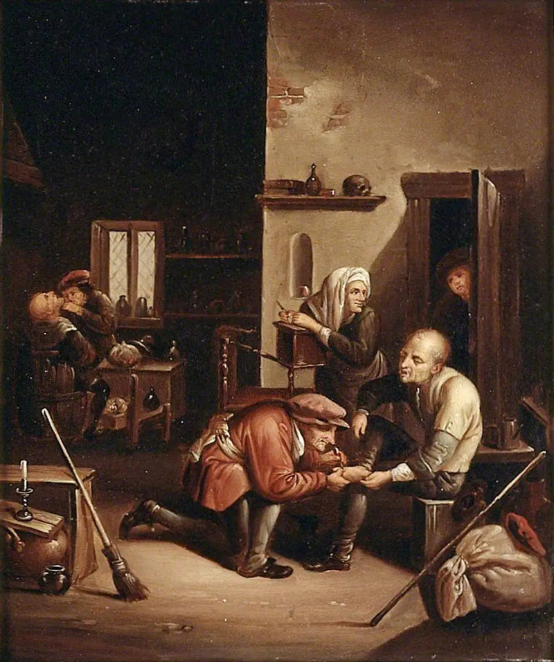 En kirurg, der plejer en patients fod, og en barber, der barberer en mand - David Teniers den Yngre