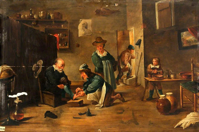 En kirurg behandler en mands fod med en gips - David Teniers den Yngre