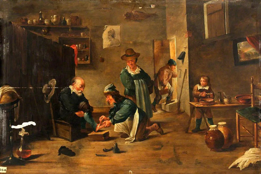 En kirurg behandler en mands fod med en gips - David Teniers den Yngre