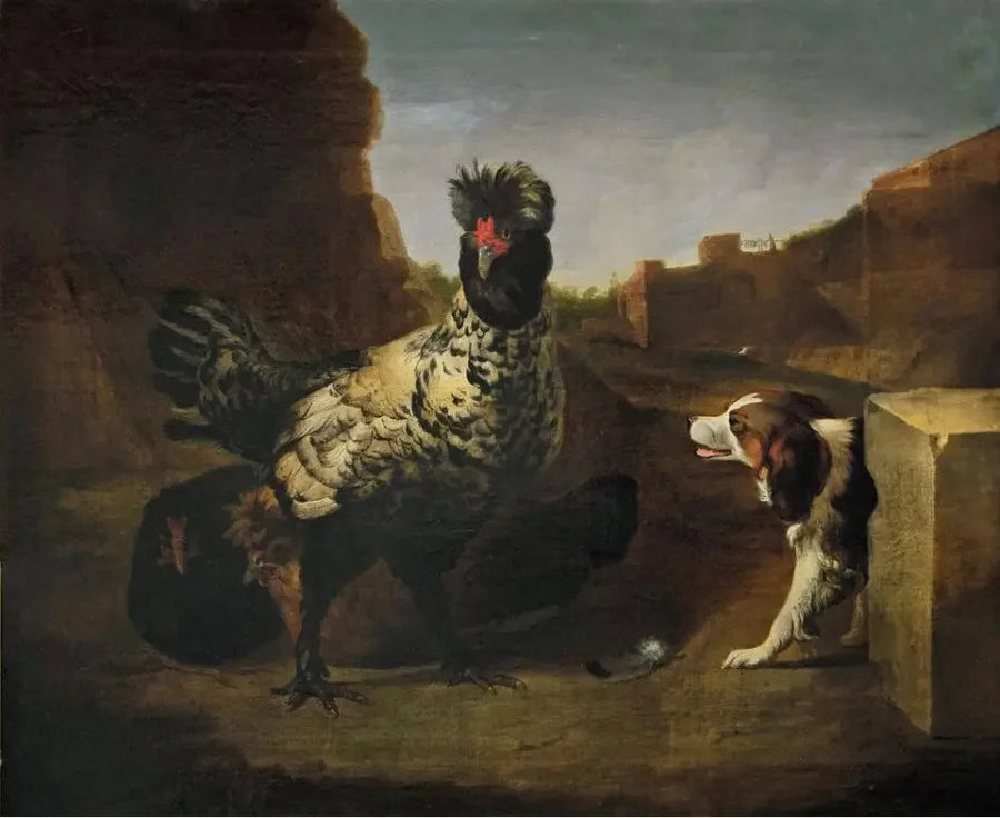 En høne med høner og en hund - Melchior de Hondecoeter