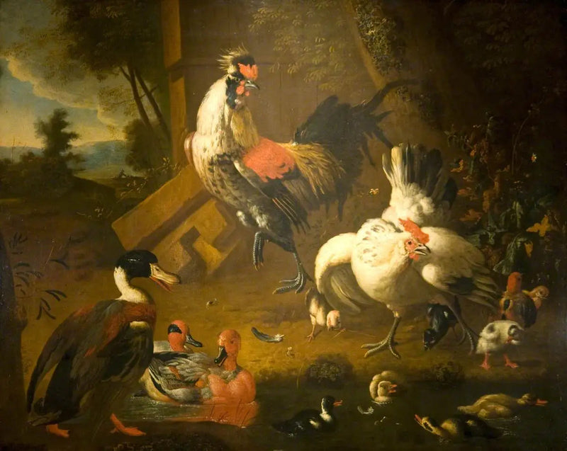 En hane med en høne og tre ænder - Melchior de Hondecoeter