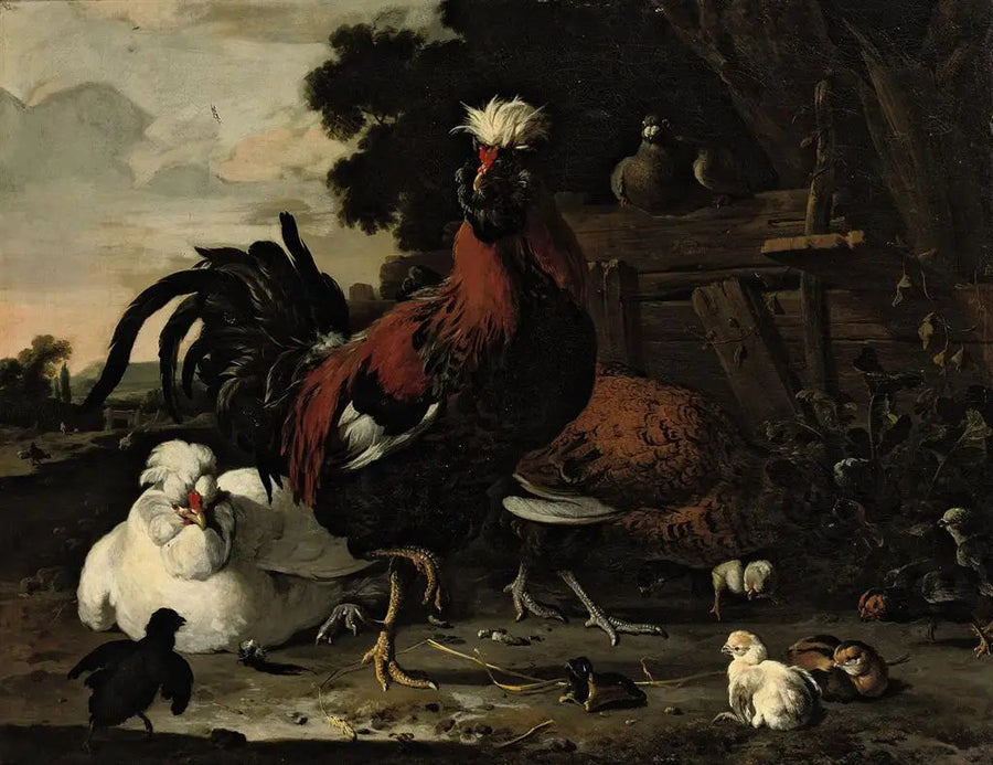 En hane, høns, kyllinger og en due nær en trægitter i et landskab - Melchior de Hondecoeter