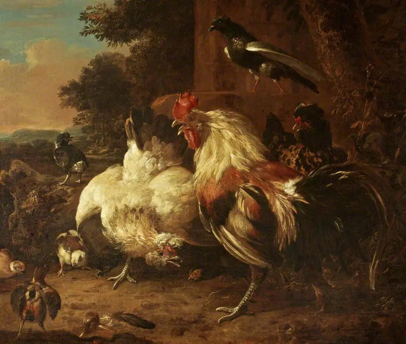 En høne og to høner med kyllinger i et landskab - Melchior de Hondecoeter