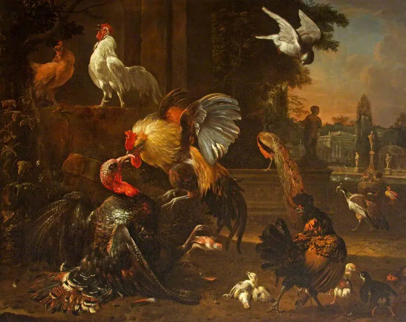 En hane og en kalkun kæmper, i en park, med andre fjerkræ - Melchior de Hondecoeter