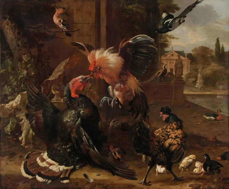 En hane og en kalkun kæmper - Melchior de Hondecoeter