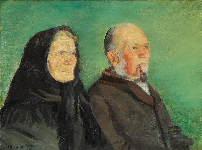 Et par fra Skagen fejrer deres guldbryllup mod en grøn baggrund. - Anna Ancher