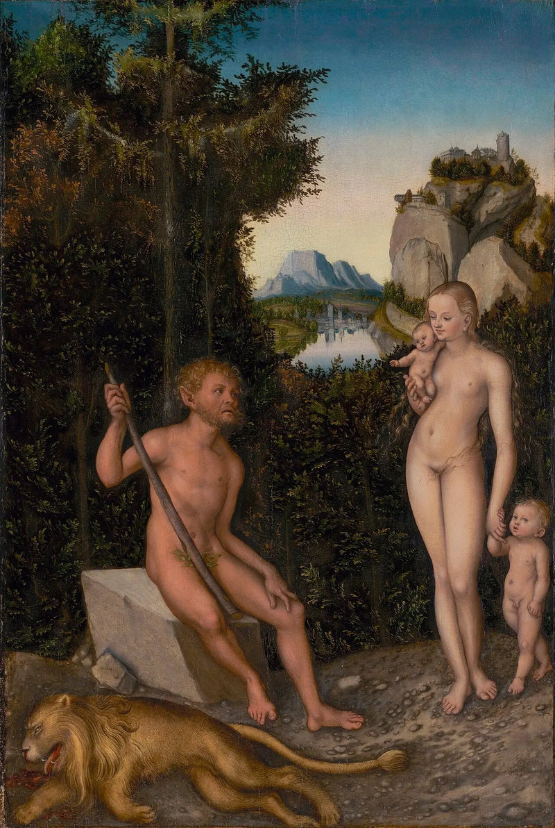 En faun og hans familie med en død løve - Lucas Cranach den Ældre