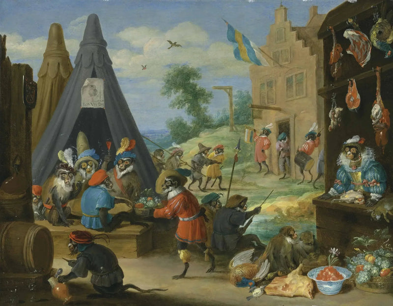 En festival af aber (aber udklædt som soldater i en lejr nær en by) - David Teniers den Yngre