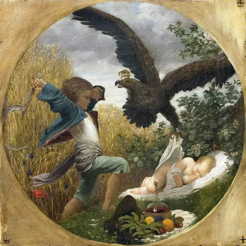 En dreng, der forsvarer en baby mod en ørn - Frederic Leighton